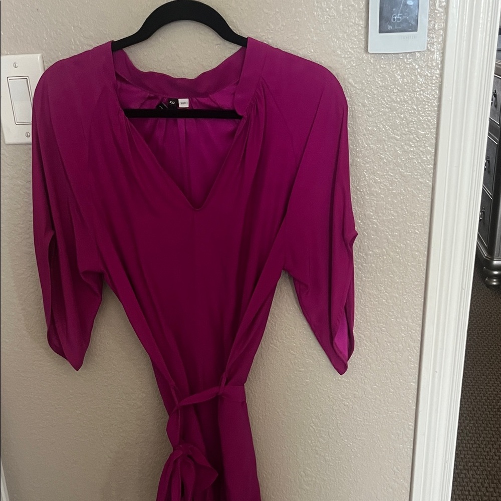 Women’s Silk Mini Dress with Waist Tie in Magenta